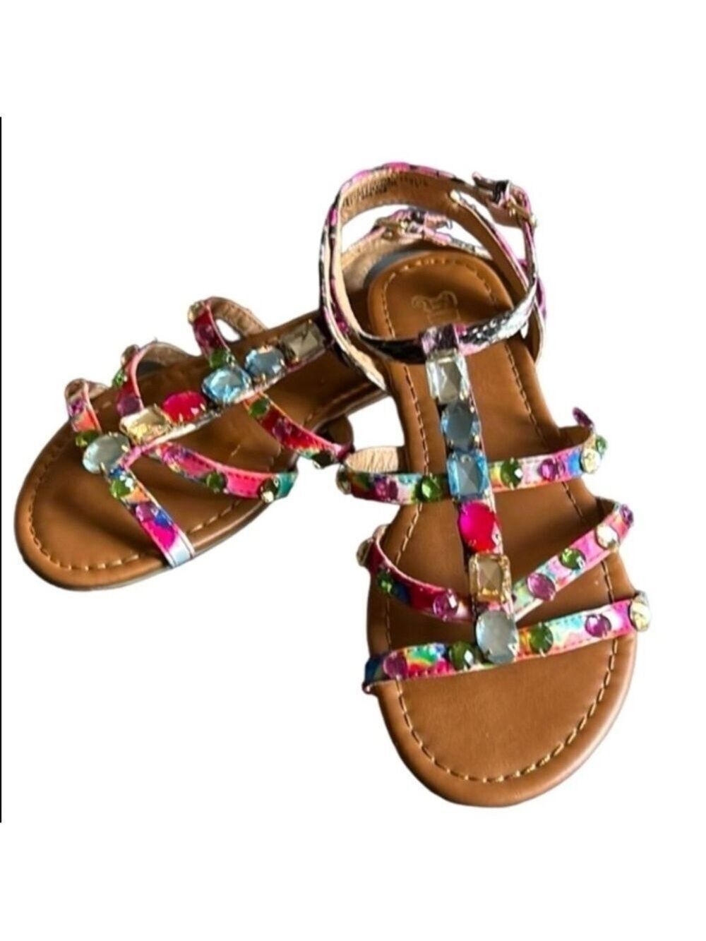 BRASH Bejeweled Pink Blue Rhinestone Vegan Reptile Strappy Flat Sandals Size 6.5
